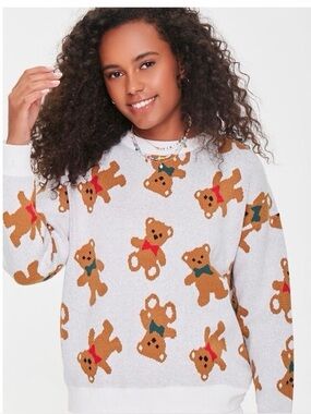 Forever 21 White Brown Teddy Bear Knit Crewneck Holiday Pullover Sweater Small